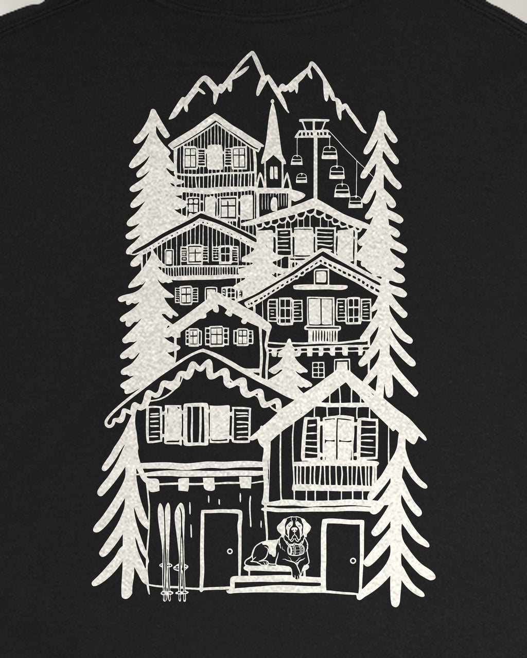 St Moritz Chapter Long Sleeve - Black, close-up of the alpine village on the back