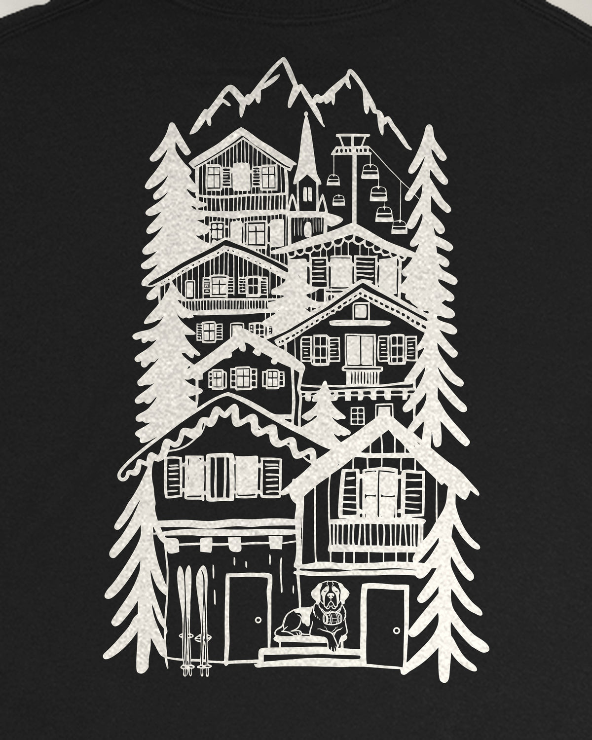 St Moritz Chapter Long Sleeve - Black, close-up of the alpine village on the back