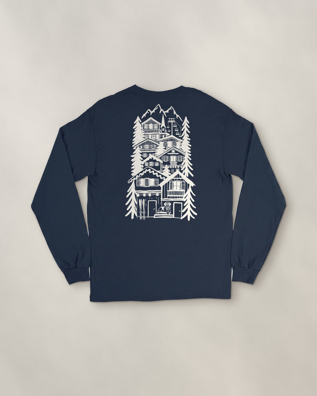 St Moritz Chapter Long Sleeve - Navy, back: the alpine village in cream ink, 39 cm tall