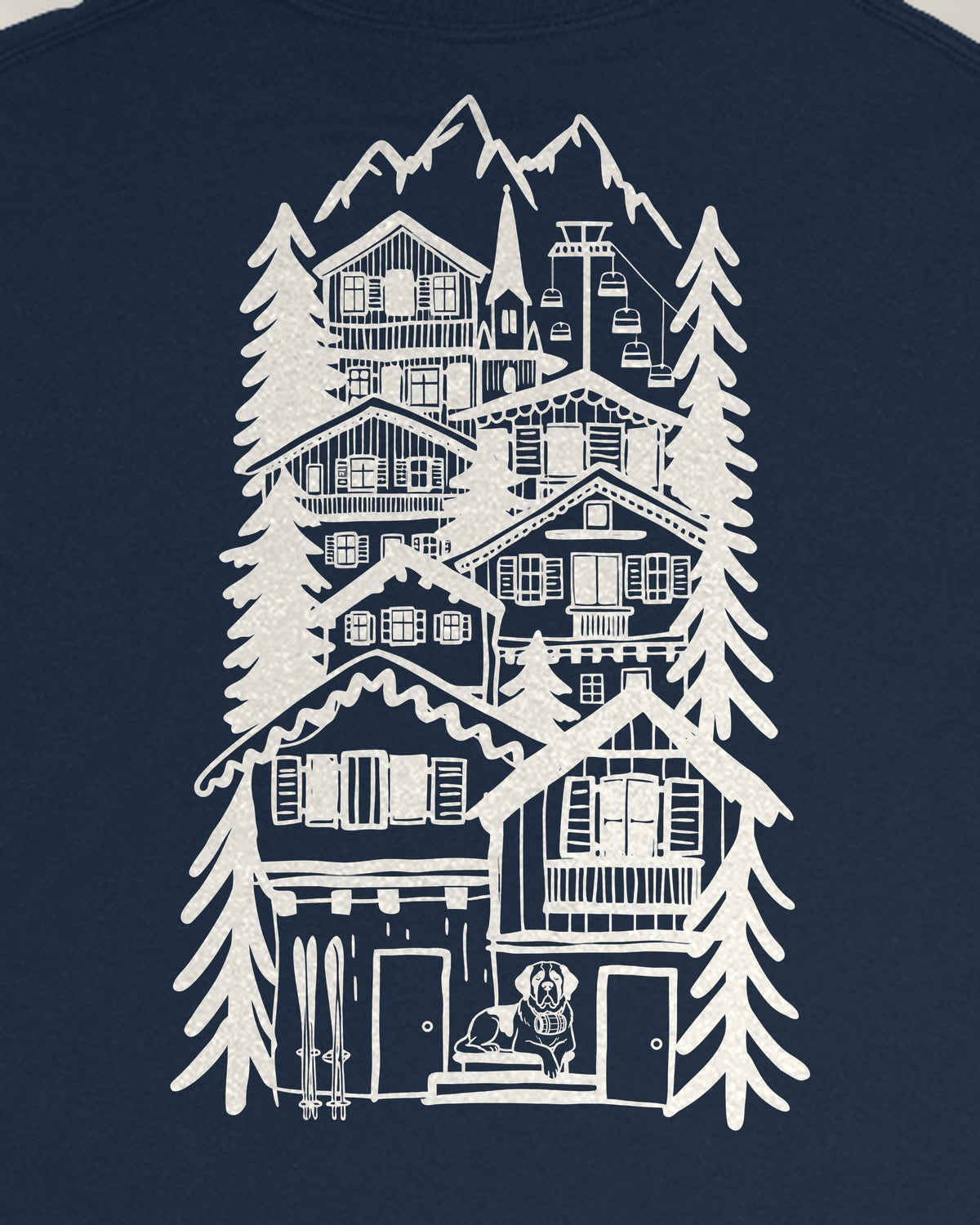 St Moritz Chapter Long Sleeve - Navy, close-up of the alpine village on the back