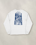 St Moritz Chapter Long Sleeve - White, back: the alpine village in navy ink, 39 cm tall