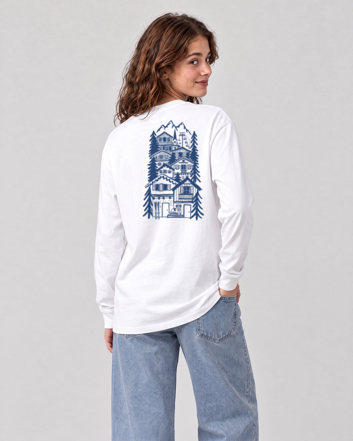 St Moritz Chapter Long Sleeve - White on a model, from behind