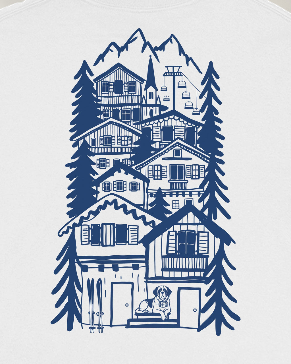 St Moritz Chapter Long Sleeve - White, close-up of the alpine village on the back
