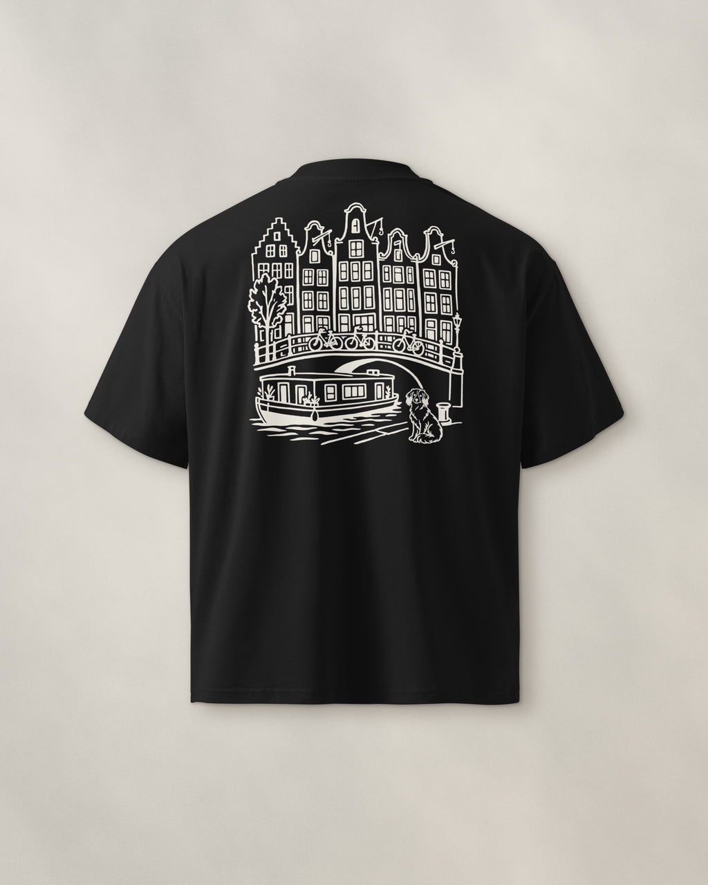 Amsterdam Chapter Tee - Black, back: the canal in cream ink, 30 cm wide