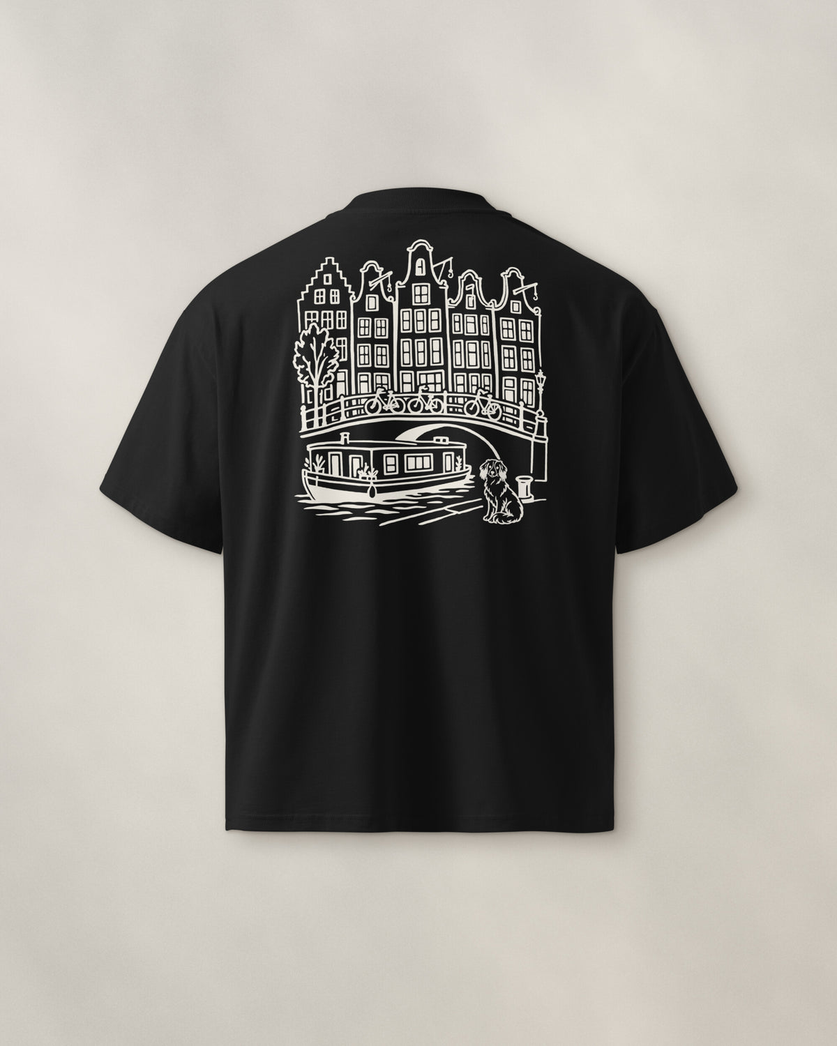 Amsterdam Chapter Tee - Black, back: the canal in cream ink, 30 cm wide