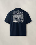 Amsterdam Chapter Tee - Navy, back: the canal in cream ink, 30 cm wide