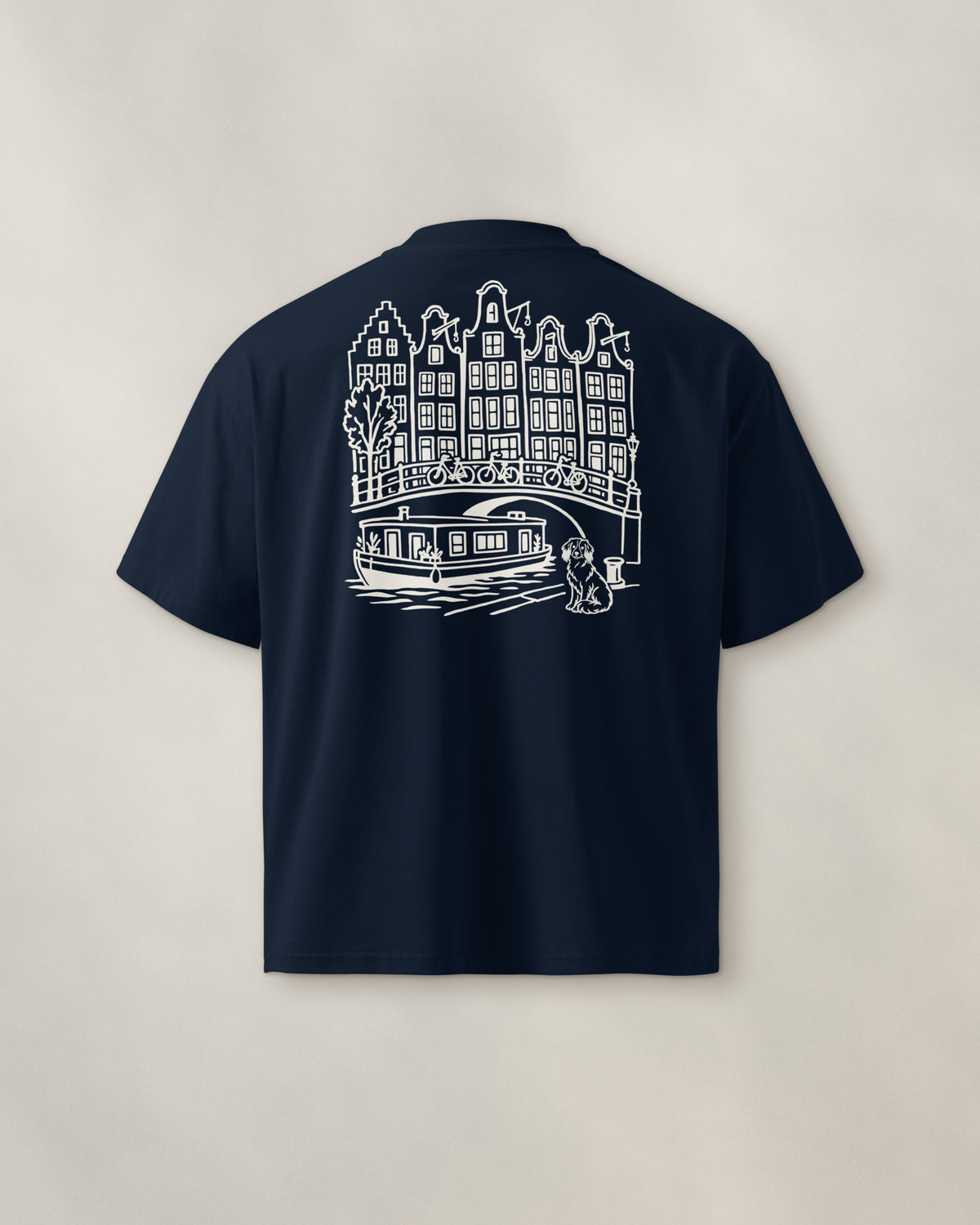 Amsterdam Chapter Tee - Navy, back: the canal in cream ink, 30 cm wide