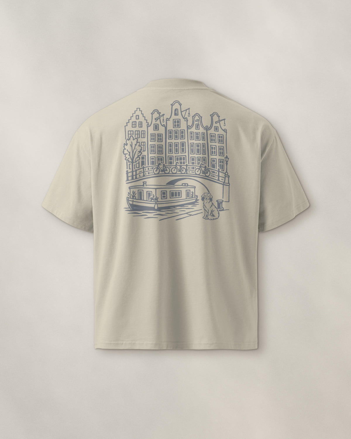 Amsterdam Chapter Tee - Stone, back: the canal in navy ink, 30 cm wide