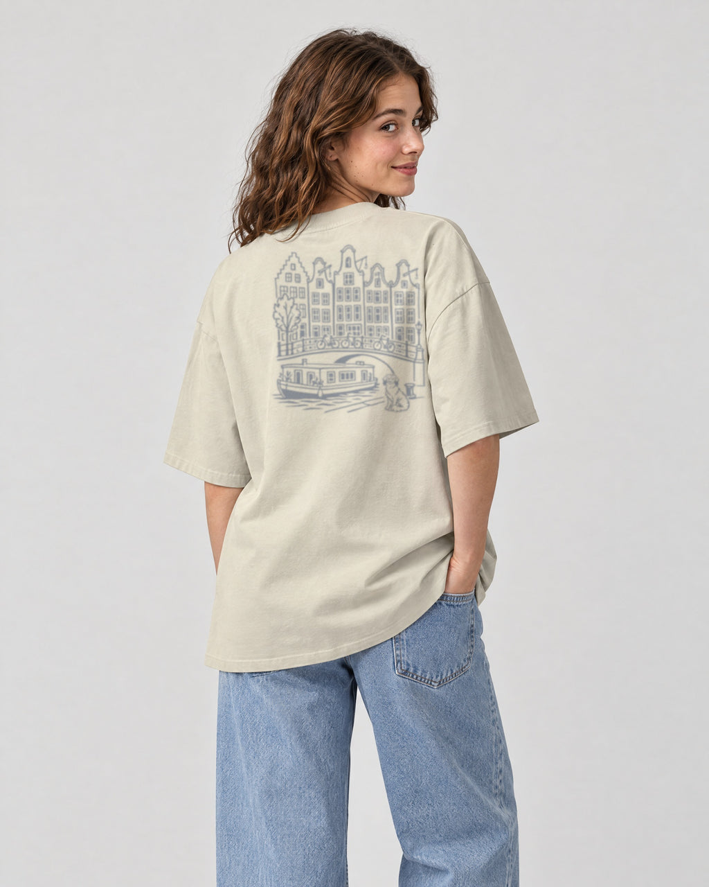 Amsterdam Chapter Tee - Stone on a model, from behind