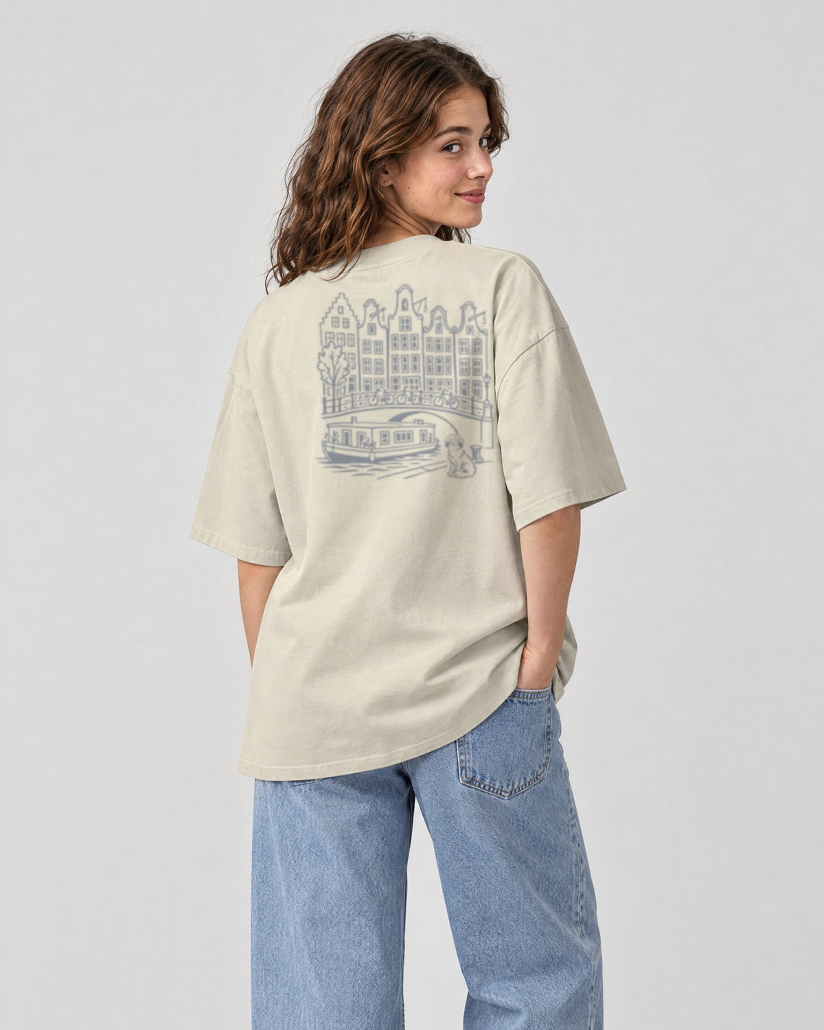 Amsterdam Chapter Tee - Stone on a model, from behind