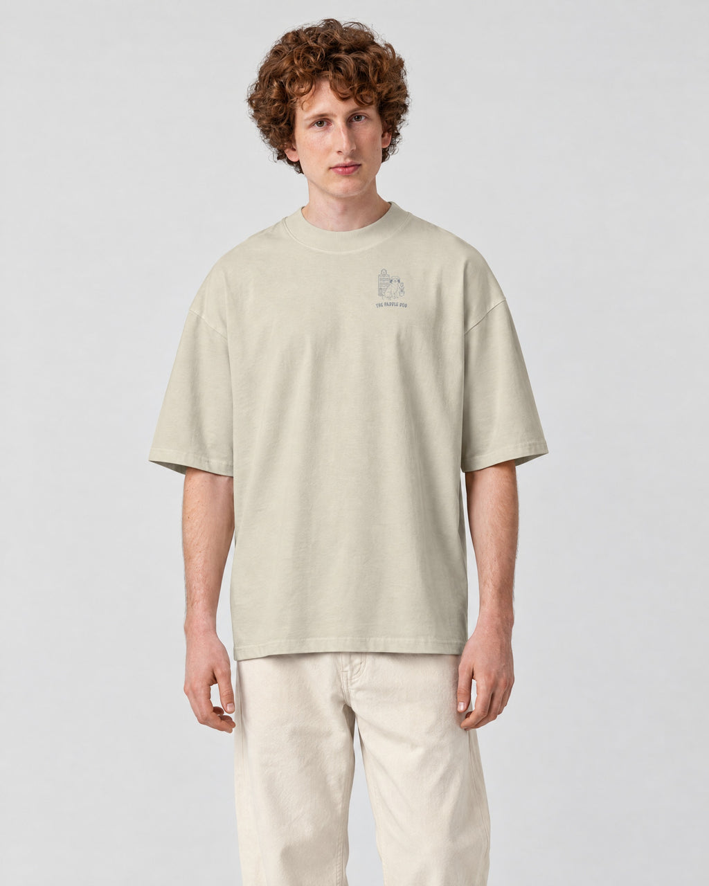 Amsterdam Chapter Tee - Stone on a model, from the front