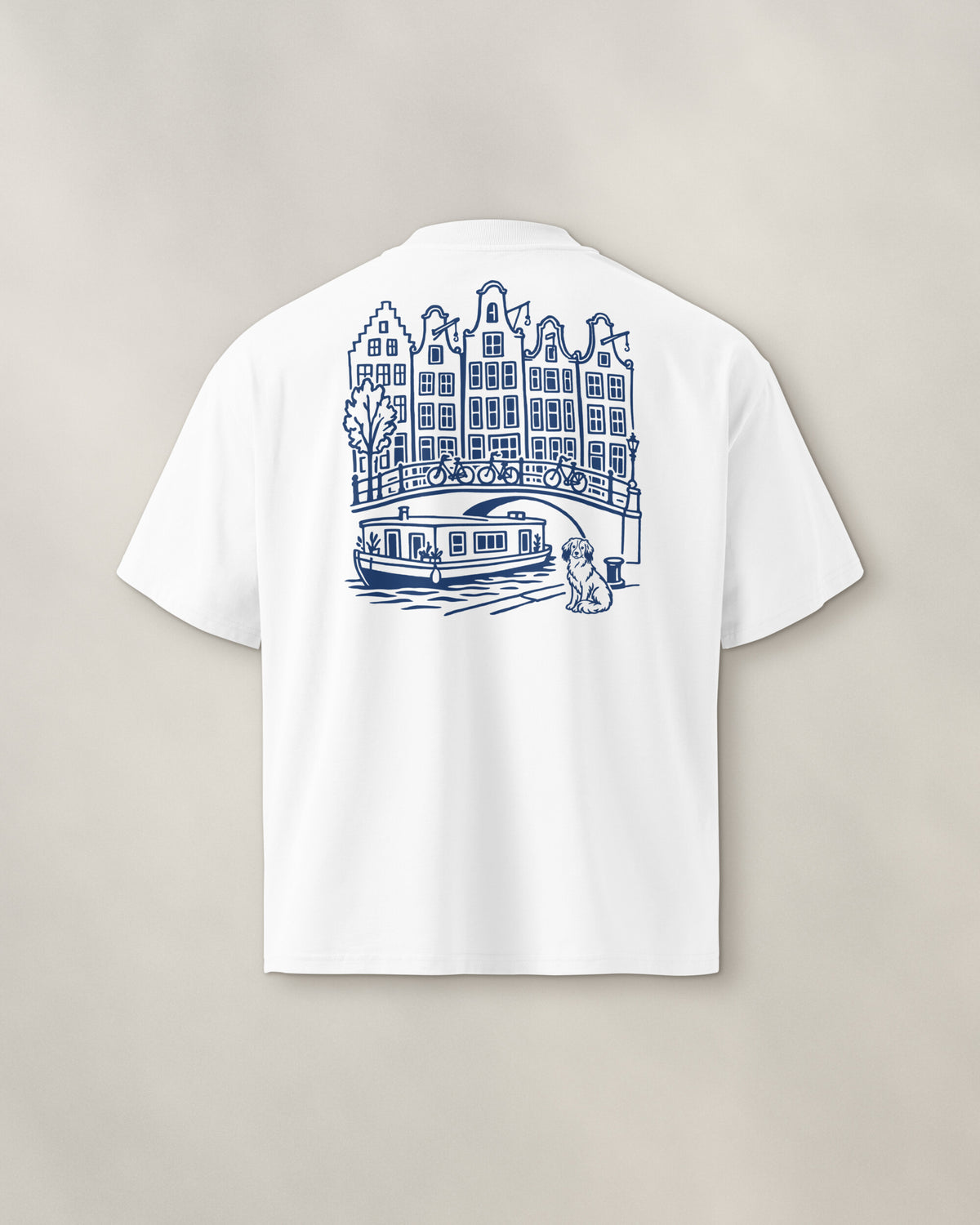 Amsterdam Chapter Tee - White, back: the canal in navy ink, 30 cm wide