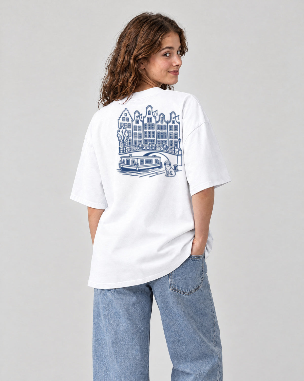 Amsterdam Chapter Tee - White on a model, from behind