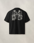 Marbella Chapter Tee - Black, back: the marina in cream ink, 30 cm wide