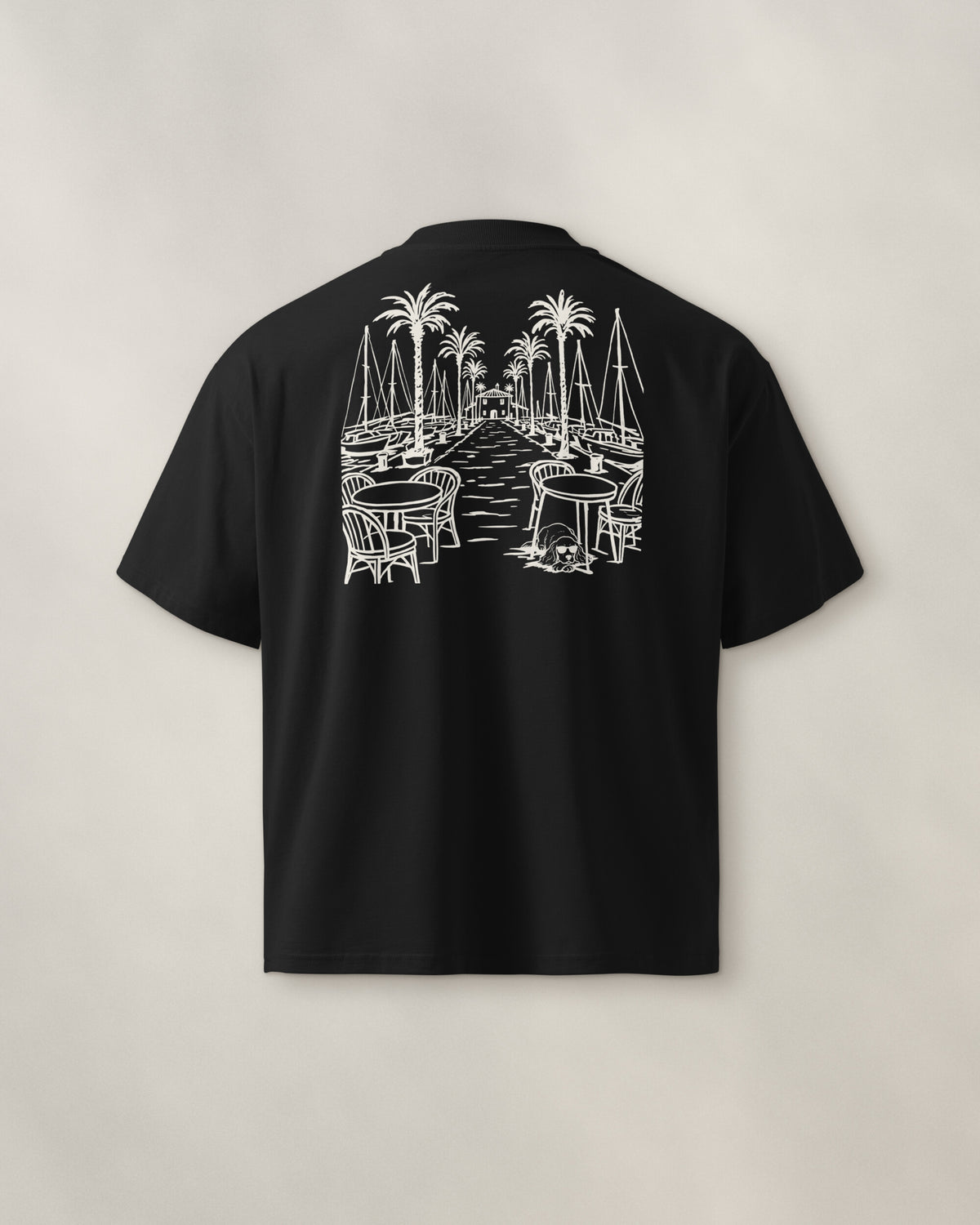 Marbella Chapter Tee - Black, back: the marina in cream ink, 30 cm wide