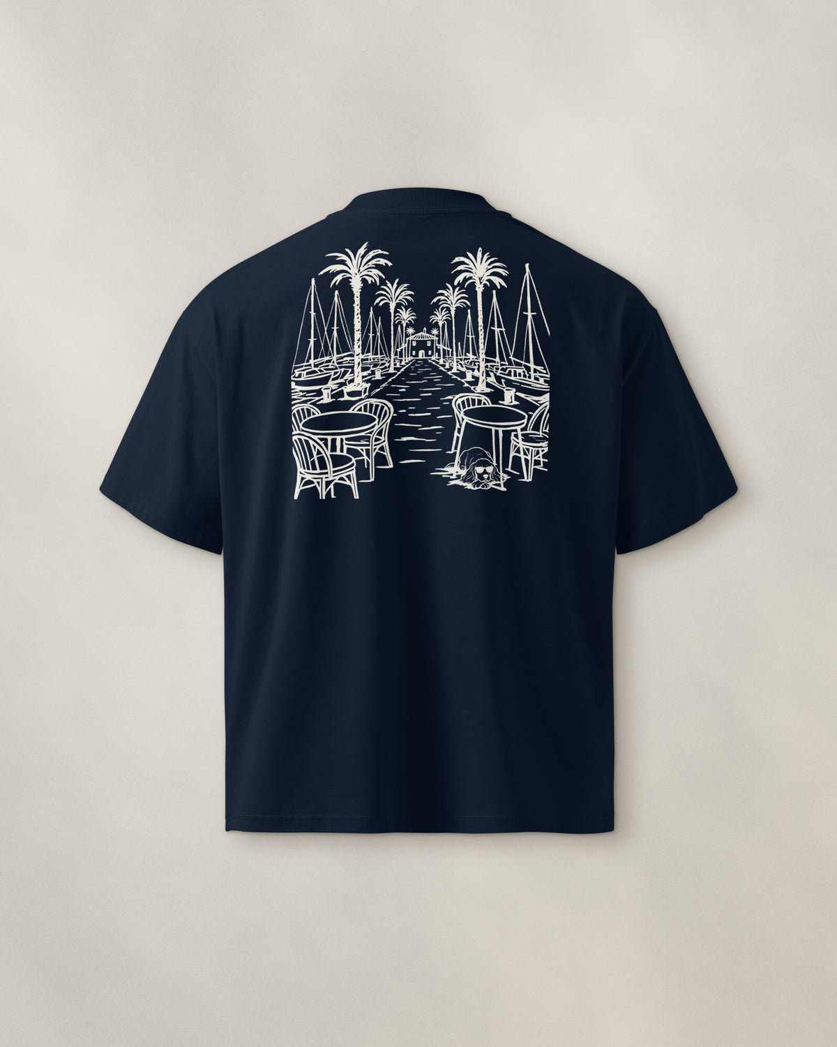 Marbella Chapter Tee - Navy, back: the marina in cream ink, 30 cm wide