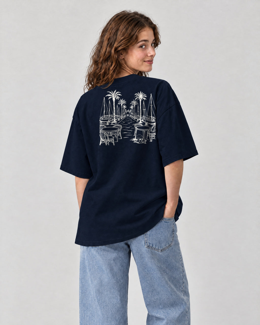 Marbella Chapter Tee - Navy on a model, from behind