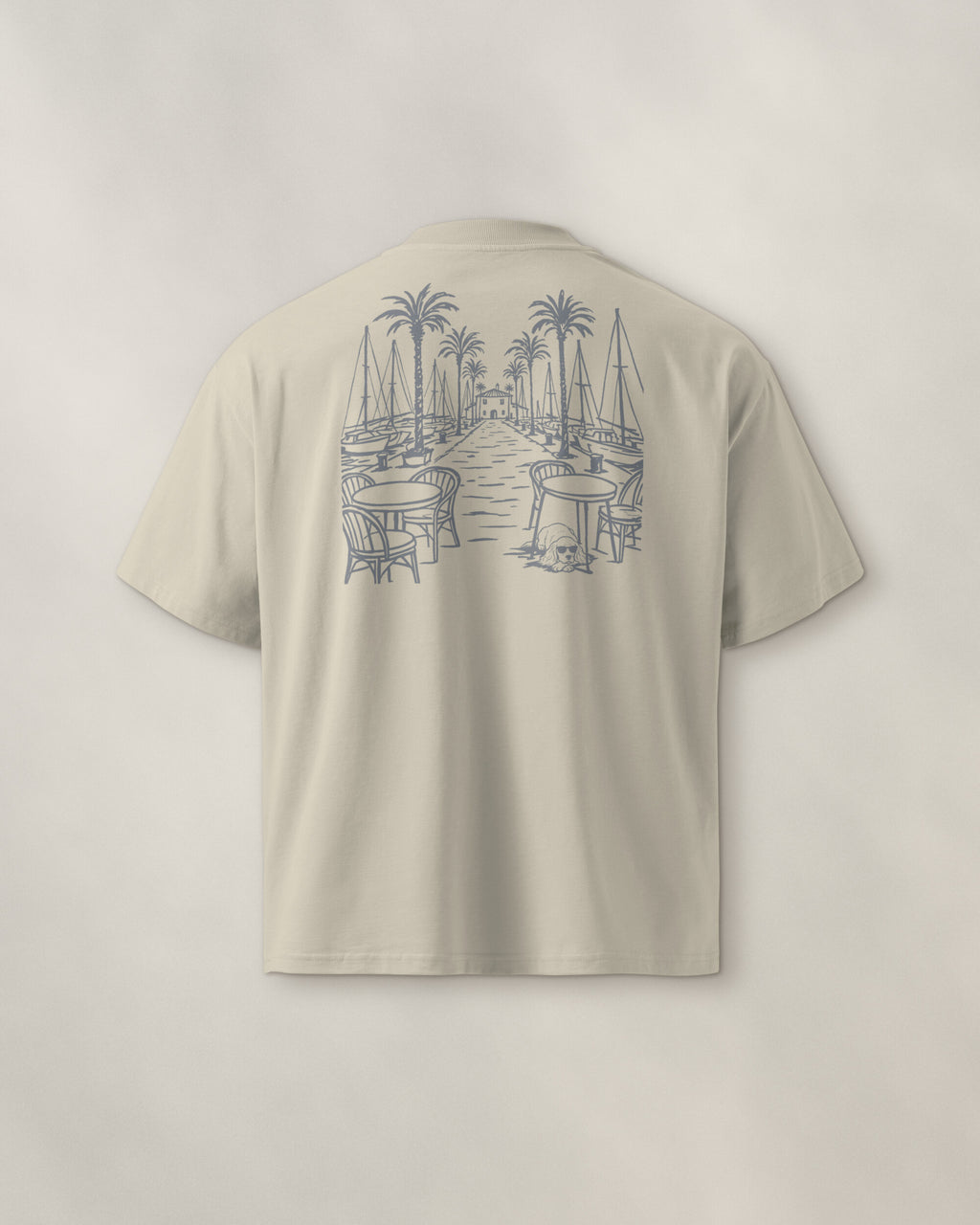 Marbella Chapter Tee - Stone, back: the marina in navy ink, 30 cm wide