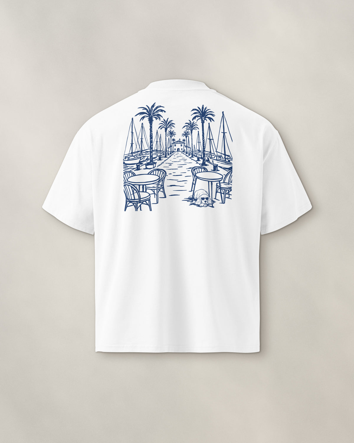 Marbella Chapter Tee - White, back: the marina in navy ink, 30 cm wide