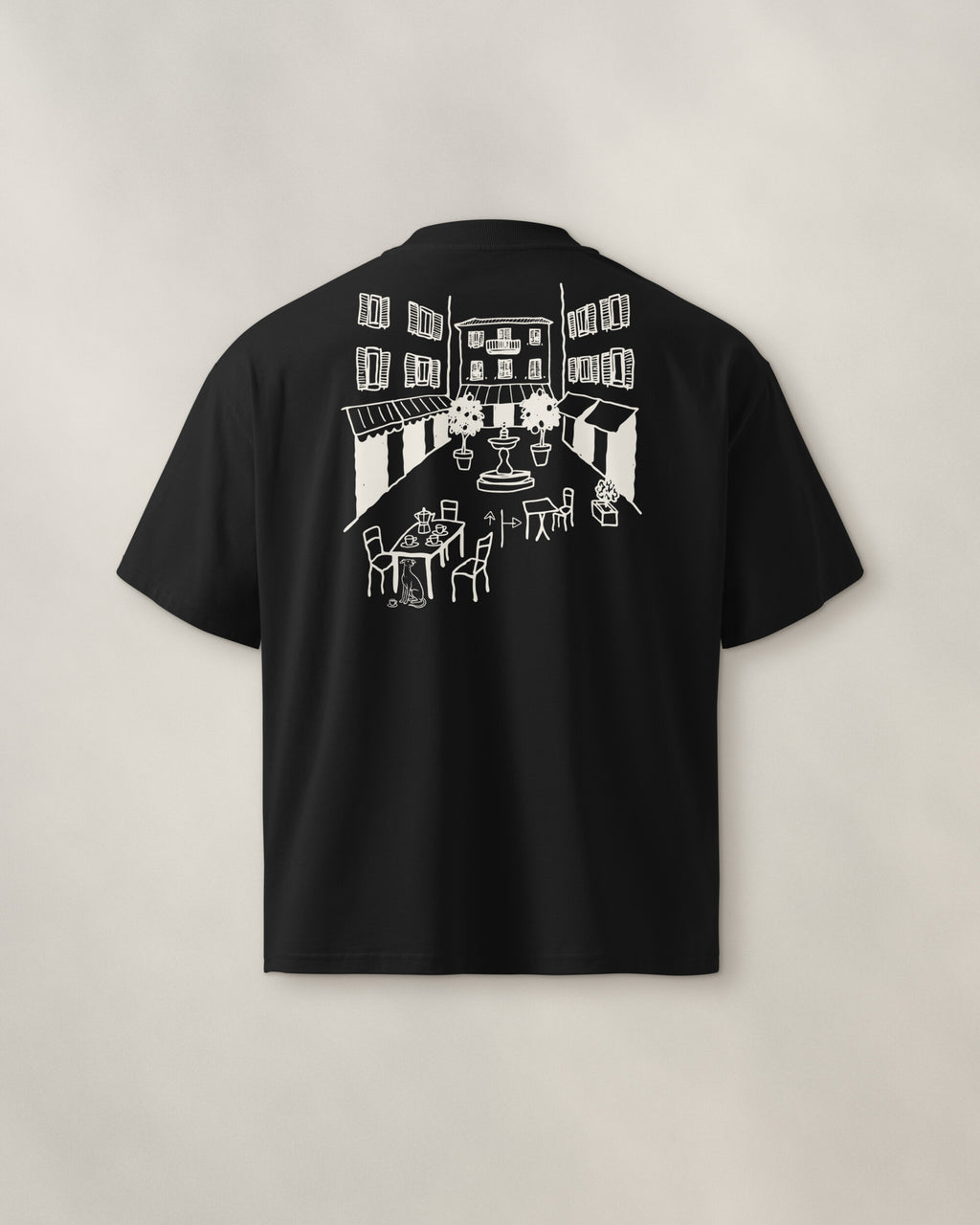 Milano Chapter Tee - Black, back: the piazza in cream ink, 30 cm wide
