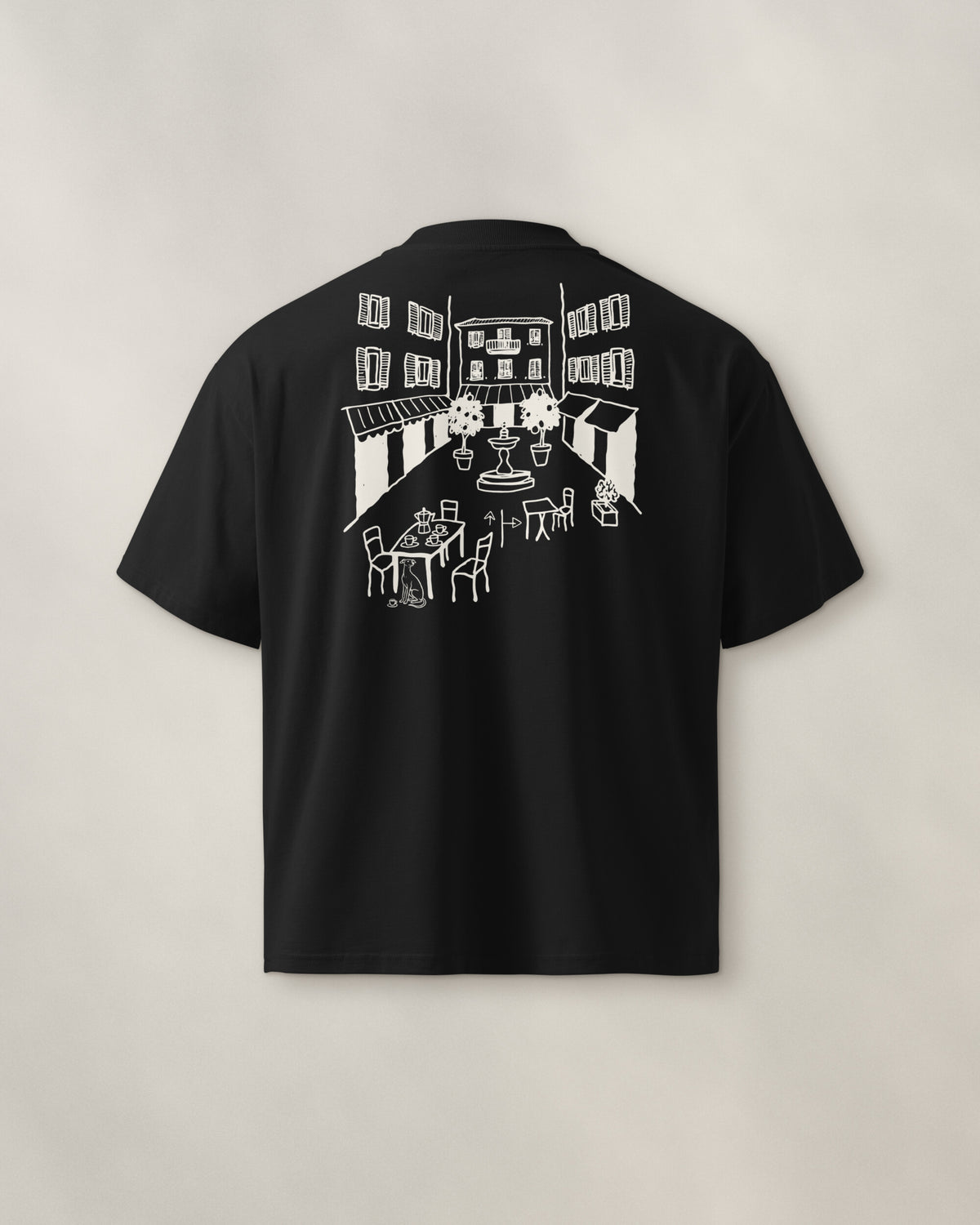 Milano Chapter Tee - Black, back: the piazza in cream ink, 30 cm wide