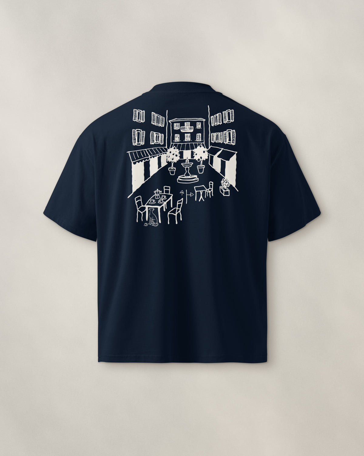 Milano Chapter Tee - Navy, back: the piazza in cream ink, 30 cm wide