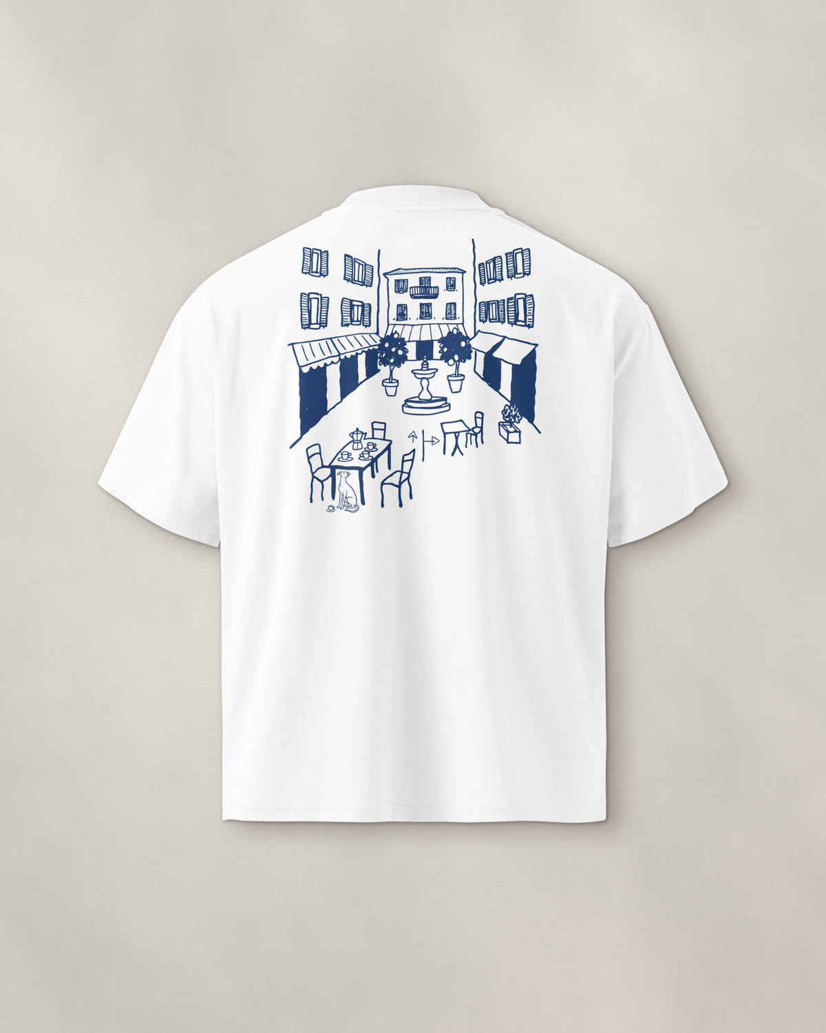 Milano Chapter Tee - White, back: the piazza in navy ink, 30 cm wide