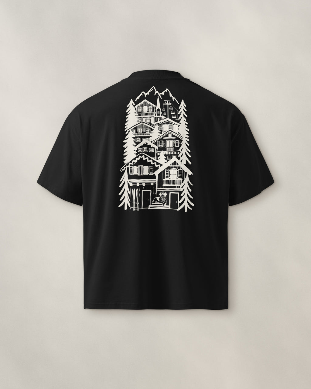 St Moritz Chapter Tee - Black, back: the alpine village in cream ink, 39 cm tall