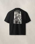 St Moritz Chapter Tee - Black, back: the alpine village in cream ink, 39 cm tall