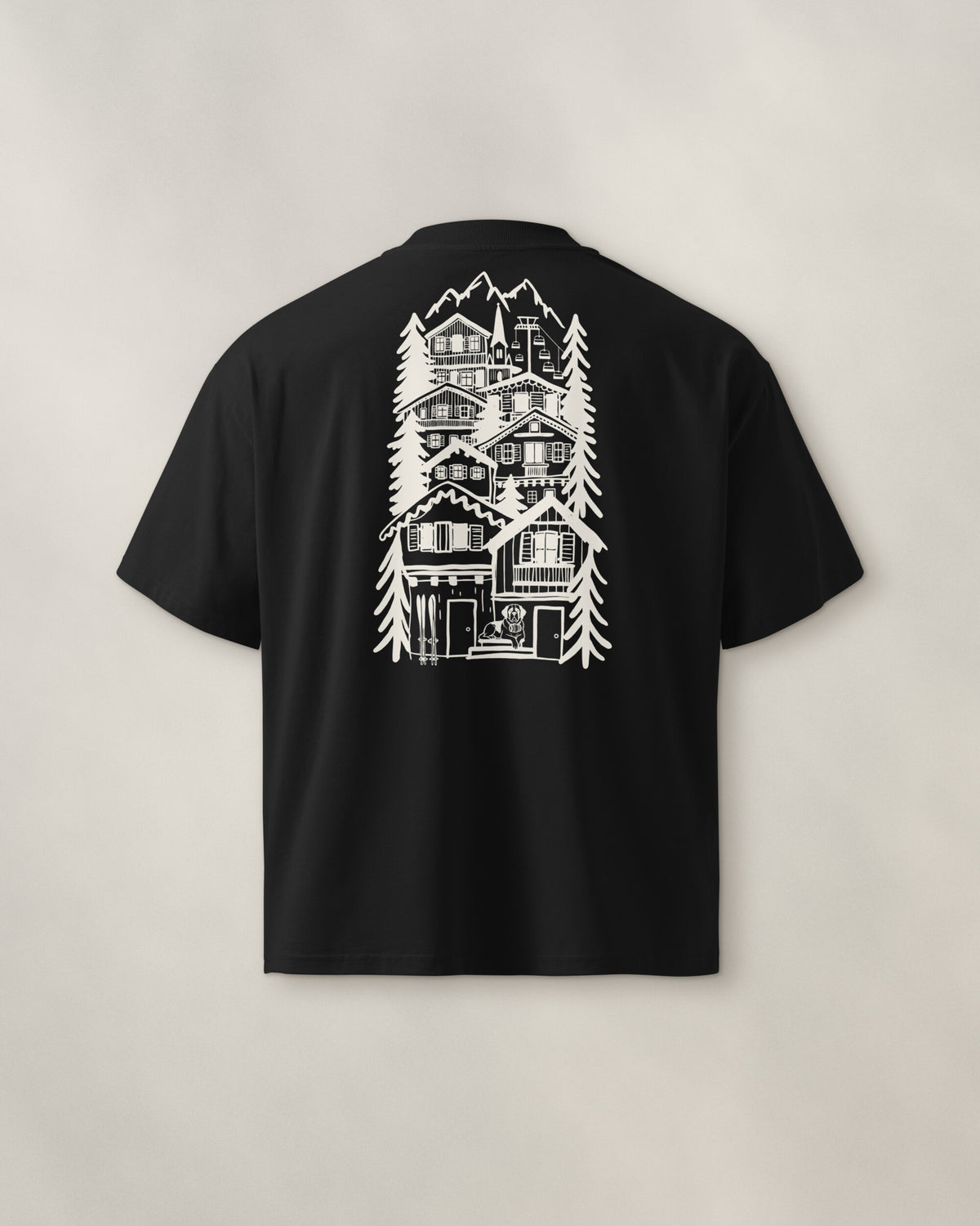 St Moritz Chapter Tee - Black, back: the alpine village in cream ink, 39 cm tall