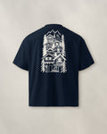 St Moritz Chapter Tee - Navy, back: the alpine village in cream ink, 39 cm tall