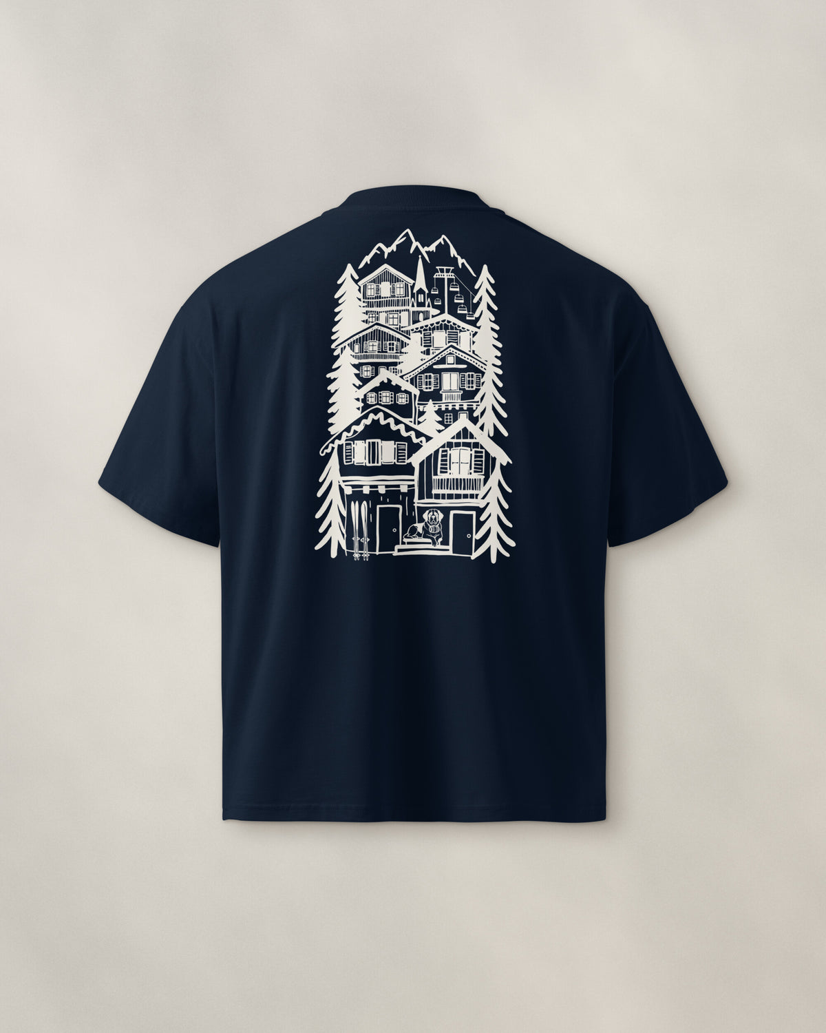 St Moritz Chapter Tee - Navy, back: the alpine village in cream ink, 39 cm tall