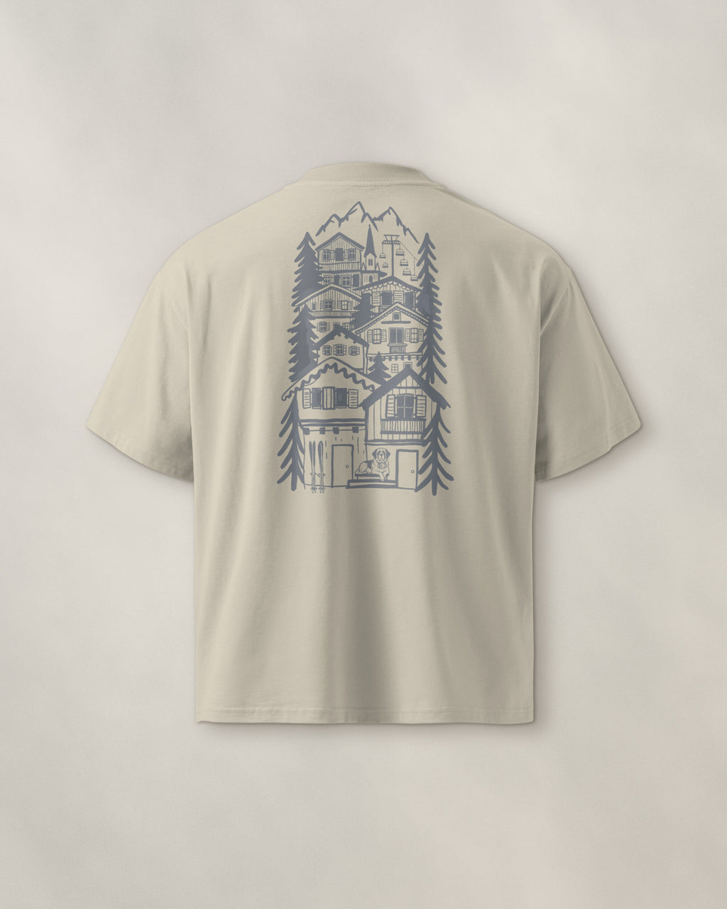 St Moritz Chapter Tee - Stone, back: the alpine village in navy ink, 39 cm tall