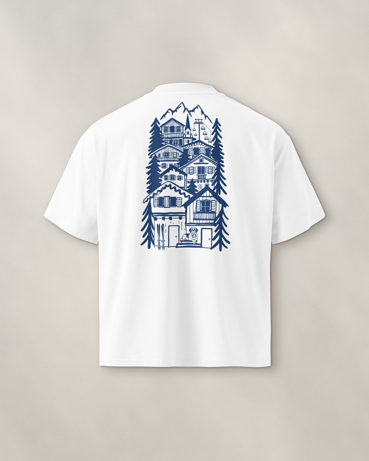 St Moritz Chapter Tee - White, back: the alpine village in navy ink, 39 cm tall